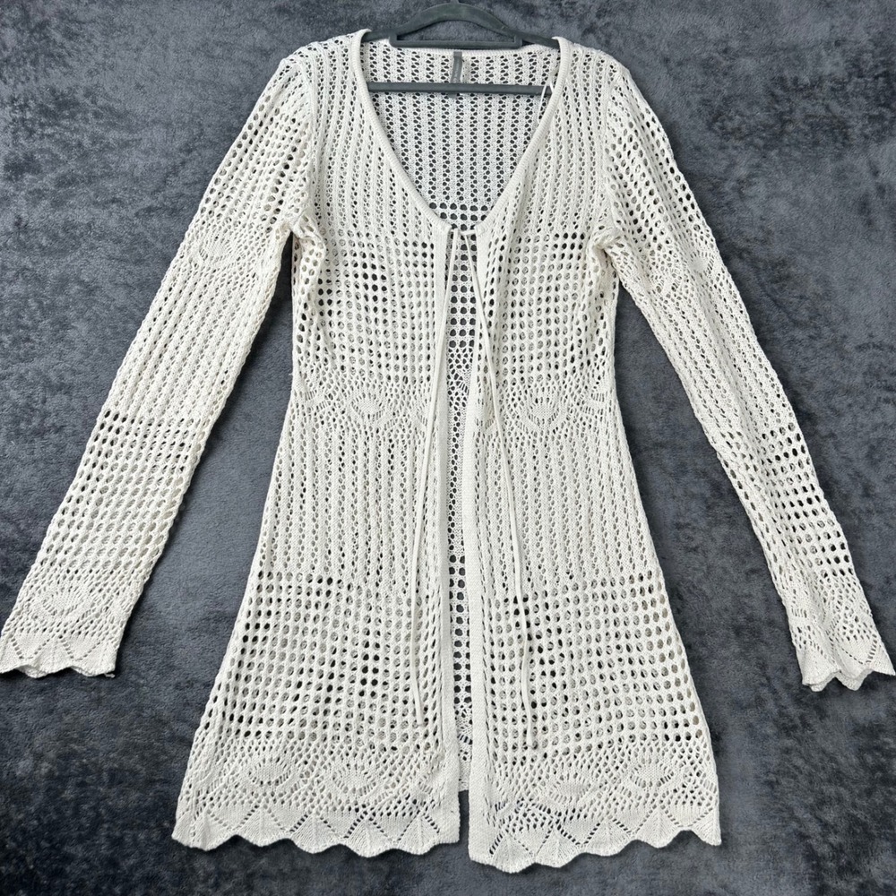 Crochet Top Cardigan Duster Women's Size L/XL Cream Open Knit Tie Cottagecore
